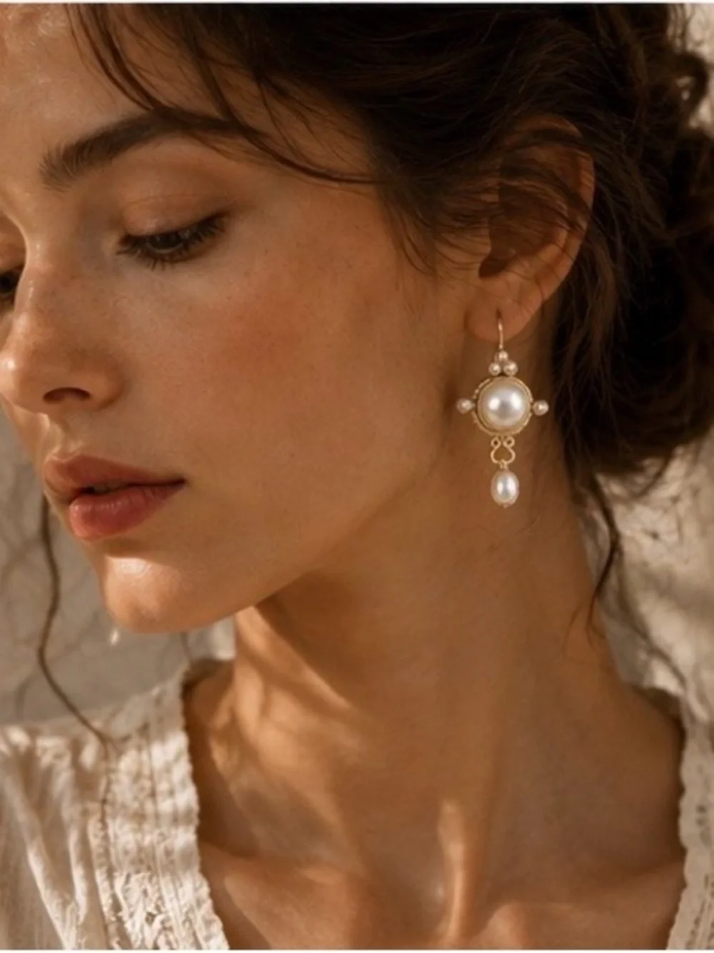 Vintage Gold Pearl Drop Earrings with Accent Pearls